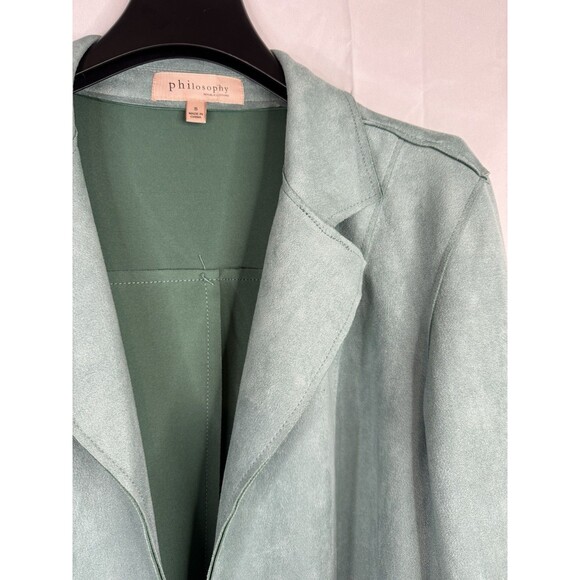 Philosophy Open Trench Coat Size Small Faux Leather Suede Jacket Turquoise Chic - Picture 2 of 11